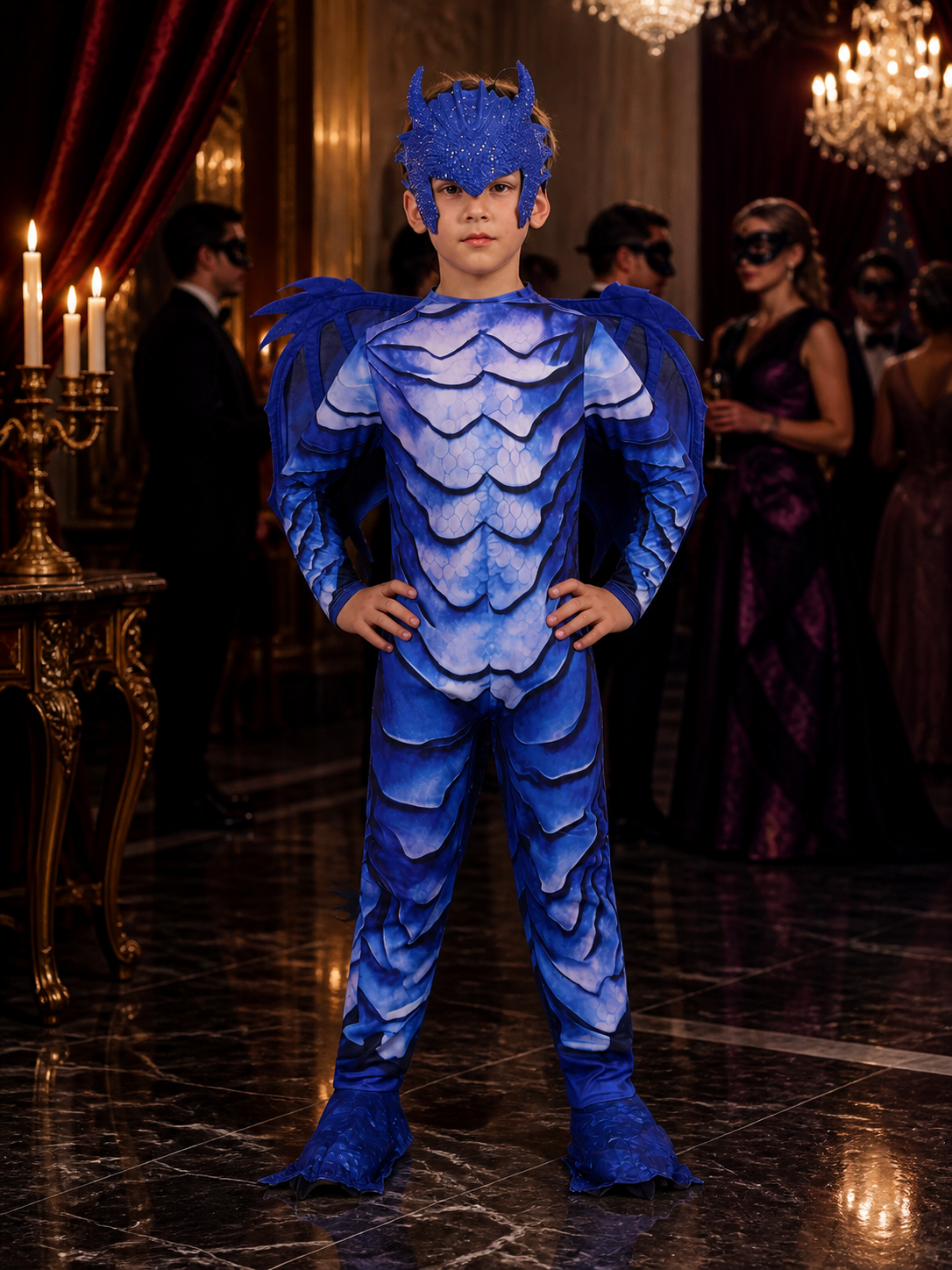 Kids' Ice Dragon Costume, Blue Dragon Bodysuit with Wings, Horns & Tail Costumes detail
