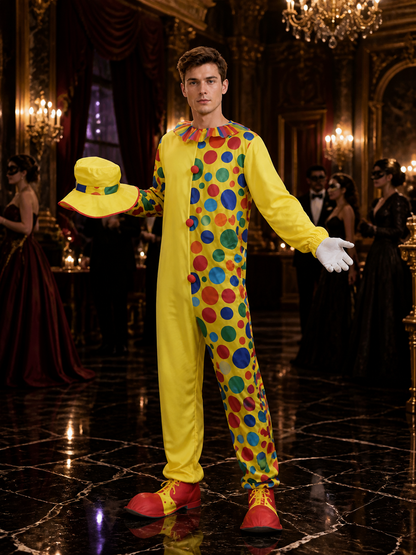 Adult Unisex Clown Jumpsuit Costume Set with Colorful Polka Dots and Ruffle Costumes detail