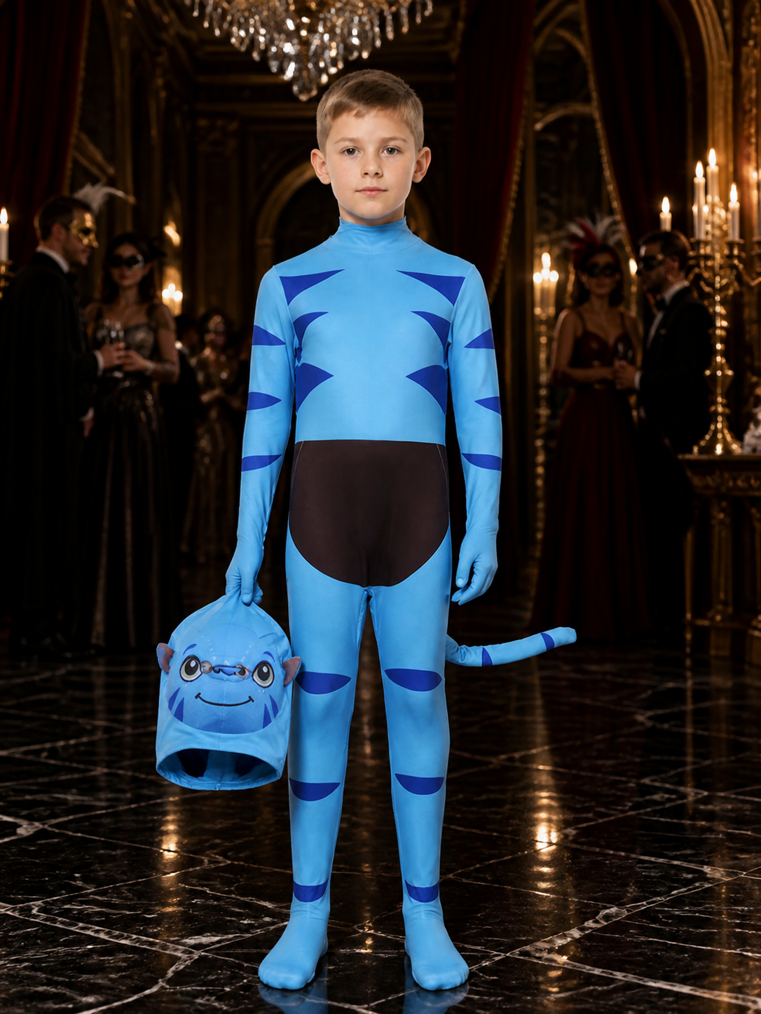 Kids Blue Alien Jumpsuit Costume With Alien Headpiece and Tail Costume Headwear detail