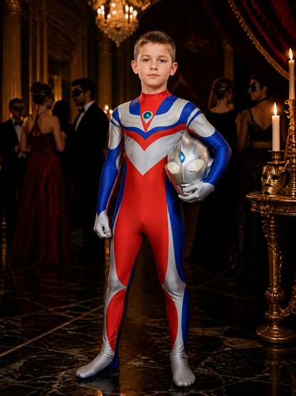 Unisex Superhero Bodysuit Costume with Light-Up Mask, Red Blue White Silver Costume Masks detail
