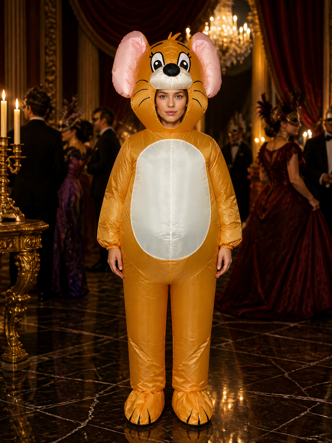 Inflatable Mouse Costume, Orange Animal Bodysuit with Pink Ears for Halloween Costumes detail