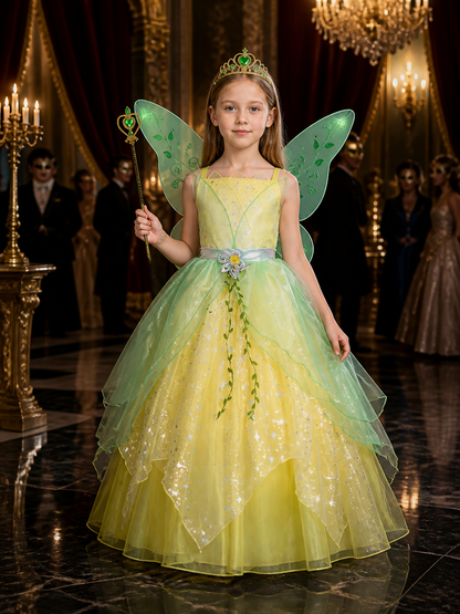 Girl's Fairy Costume Dress with Wings, Crown, and Magic Wand - Green Leaf Star Costume Dresses detail