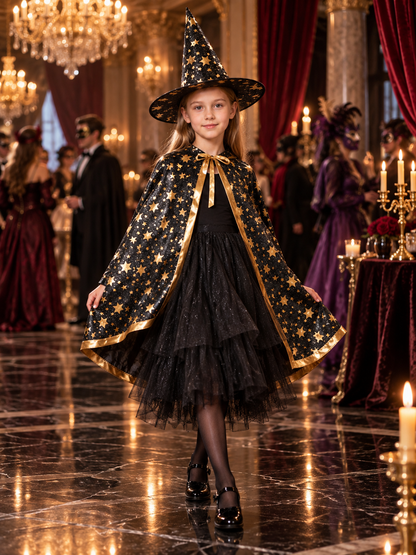Kids' Costume: Black Cape and Hat with Stars
