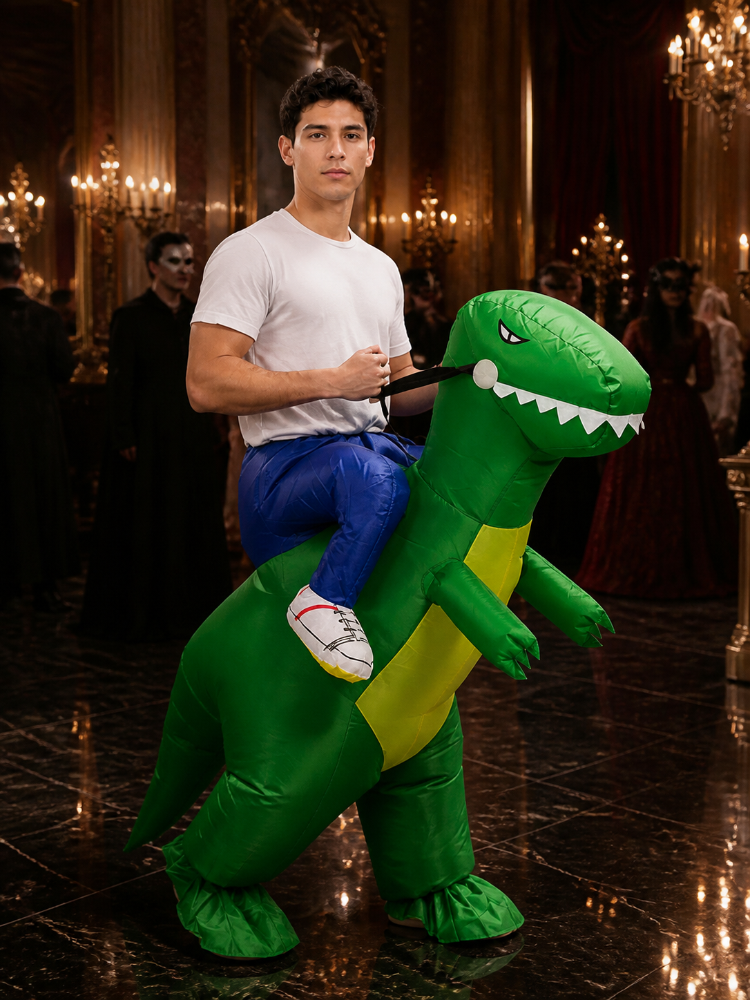 Green Inflatable Riding Dinosaur Costume, Funny Halloween Suit with Yellow Belly Costumes detail