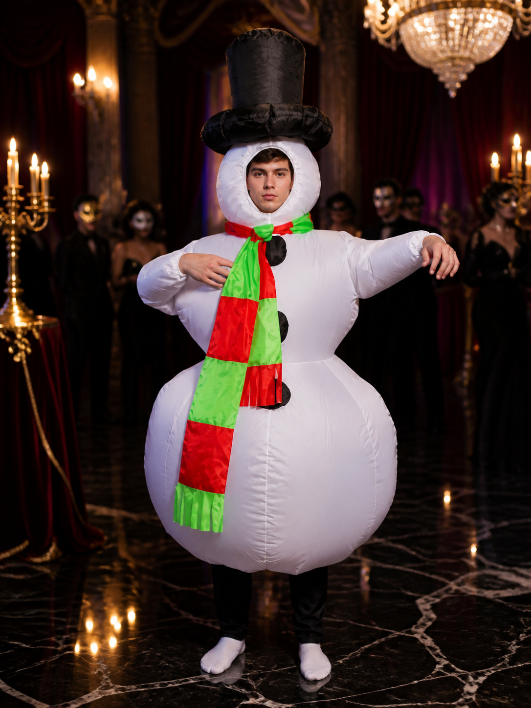 Fluffy Snowman Jumpsuit Costume Set with Hat and Scarf Costume Headwear detail