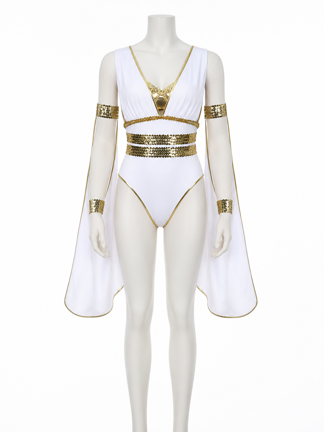 Athena Greek Goddess Halloween Costume Bodysuit Set With Gold Sequins And Deep Costumes detail