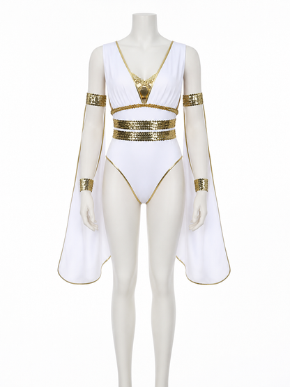 Athena Greek Goddess Halloween Costume Bodysuit Set With Gold Sequins And Deep Costumes detail