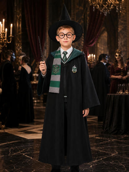Green Wizard Costume Set with Hooded Robe, Striped Scarf, Hat, Wand and Glasses Costume Headwear detail