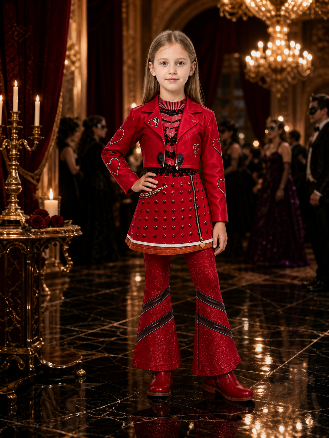 Kids Red Queen Costume Set, Red Heart Print Jacket, Skirt & Pants with Wig Costume Wigs detail