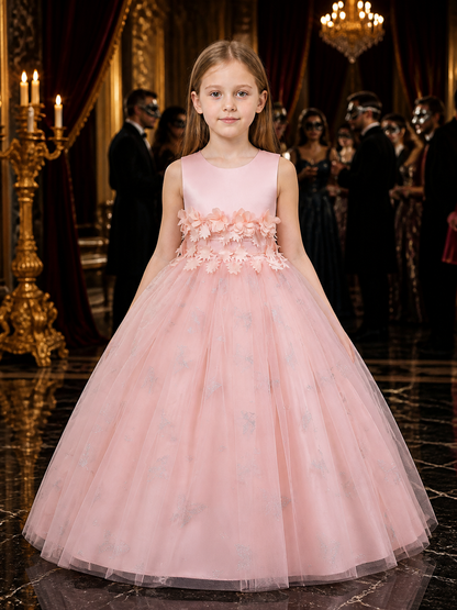 Girls' Pink Princess Flower Girl Dress With Layered Tulle Skirt And Butterfly Costume Dresses detail