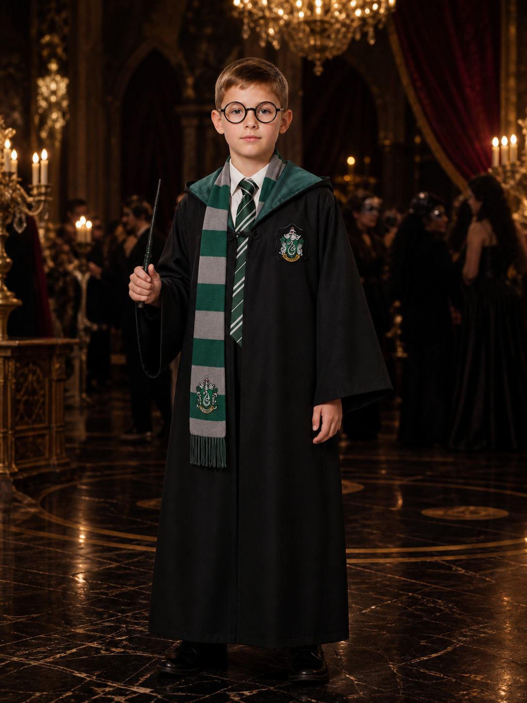 Kids Hooded Wizard Robe Costume Set, Five-Piece Cosplay Outfit With Scarf, Tie Costumes detail