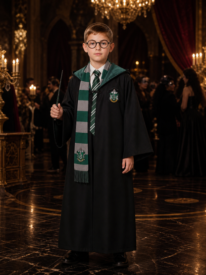 Kids Hooded Wizard Robe Costume Set, Five-Piece Cosplay Outfit With Scarf, Tie Costumes detail