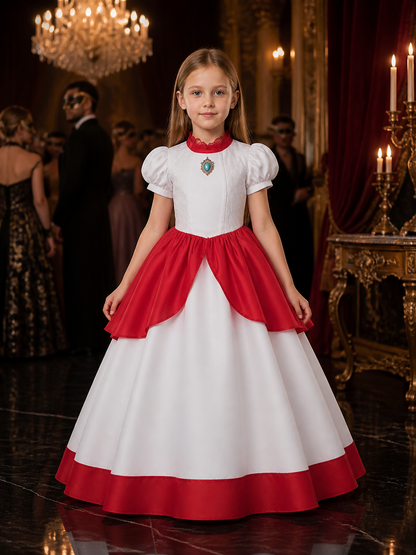 Girls Princess Costume Dress, White and Red Puff Sleeve Dress with Lace Collar Costume Dresses detail