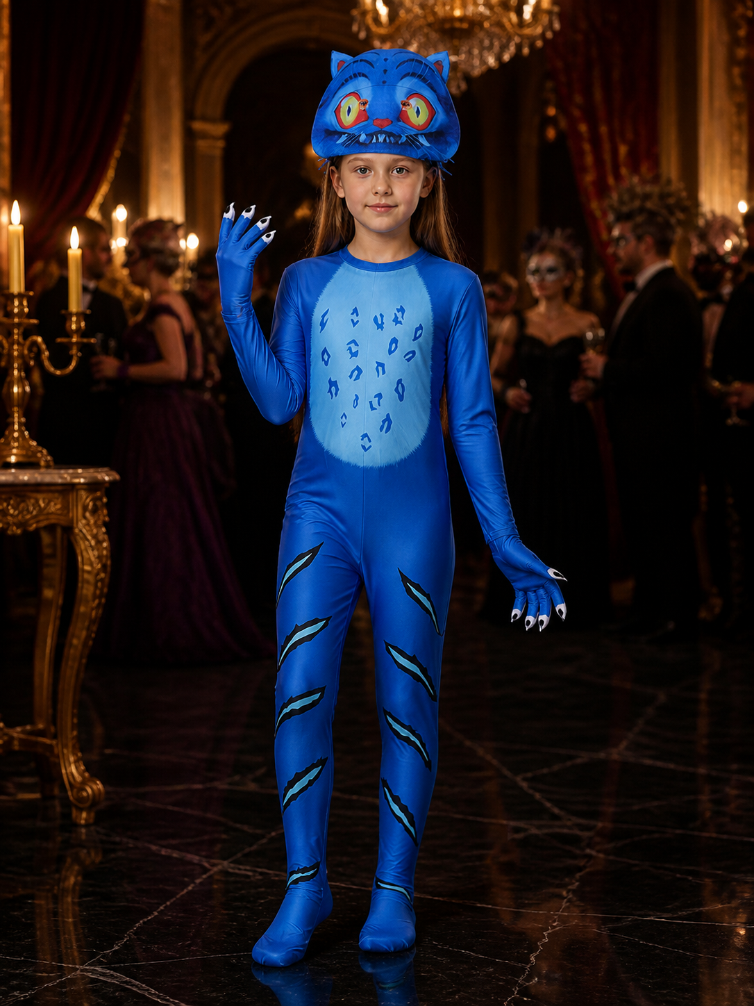 Tiger Animal Costume Set with Headpiece and Gloves - Blue/Black Full Body Onesie Costume Headwear detail