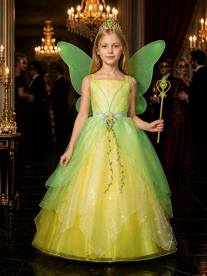 Girls Princess Dress Costume Set with Crown and Magic Wand, Green and Yellow Costume Dresses detail