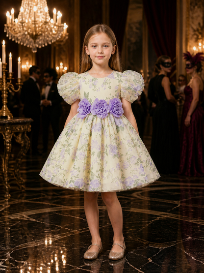 Girls' Floral Princess Dress With Puff Sleeves and 3D Flowers Costume Dresses detail