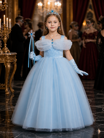 Girls' Cinderella Princess Costume Dress Set with Crown, Jewelry and Gloves Costume Dresses detail