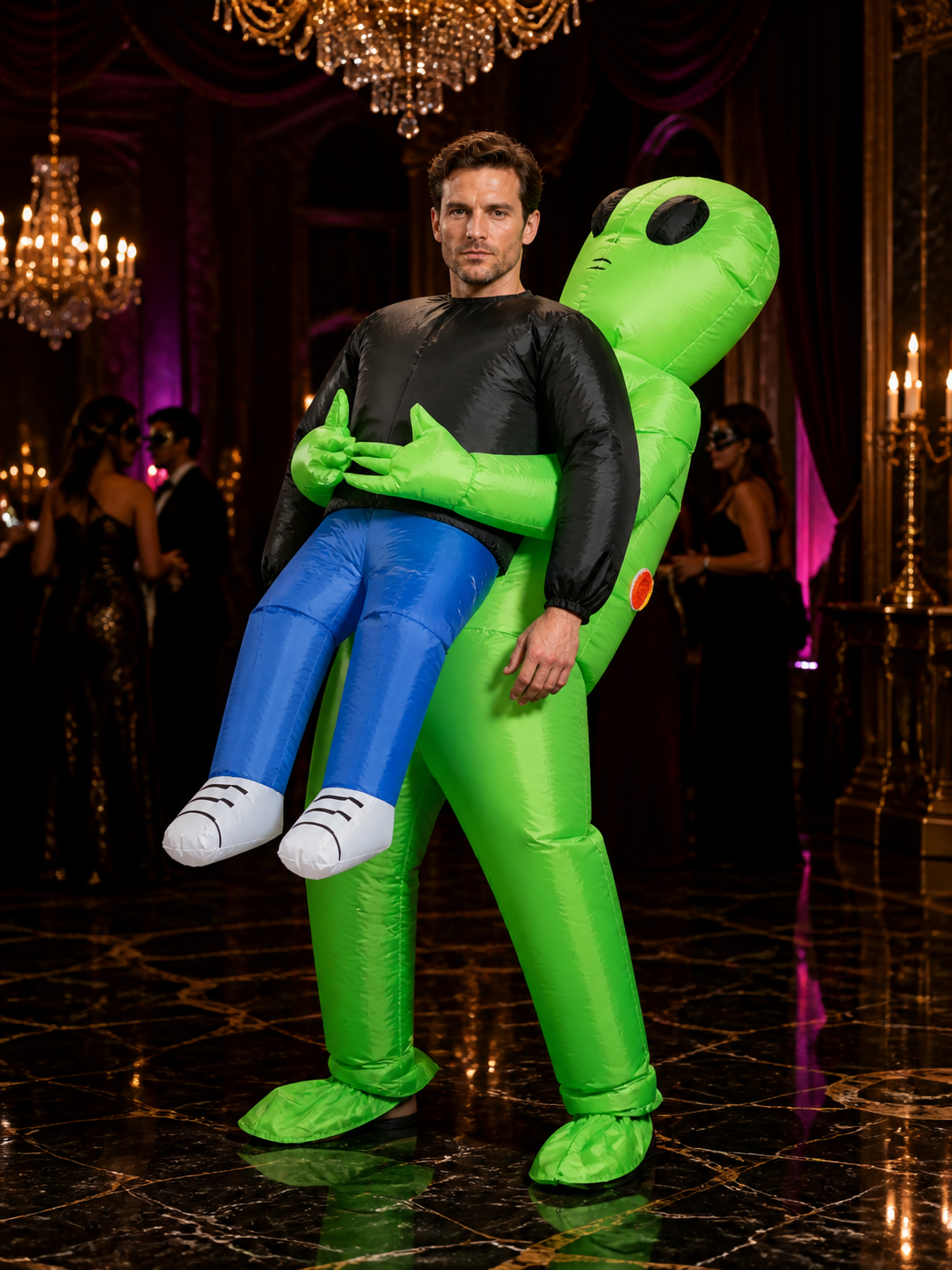 Green Inflatable Alien Costume for Halloween with Black Eyes and Red Markings Costumes detail