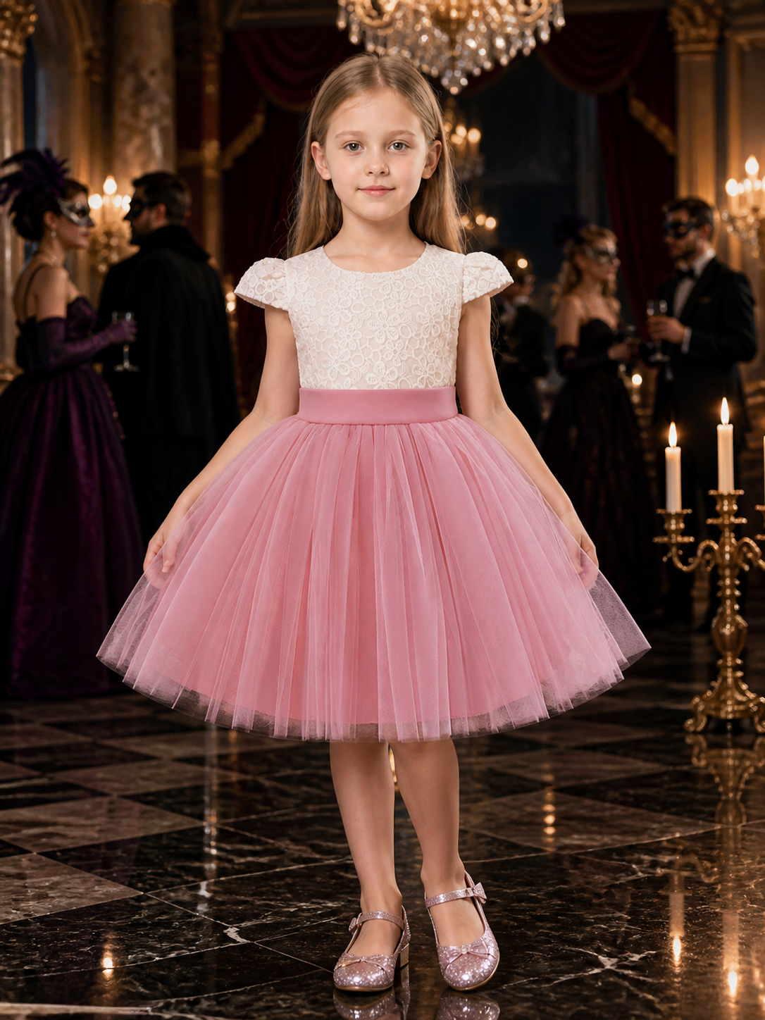 Girls' Princess Dress, Lace Bodice, Layered Tulle Skirt, Flutter Sleeves And Bow Costume Dresses detail