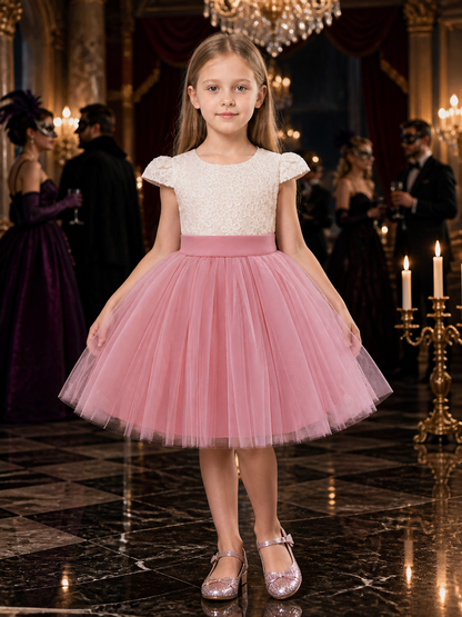 Girls' Princess Dress, Lace Bodice, Layered Tulle Skirt, Flutter Sleeves And Bow Costume Dresses detail