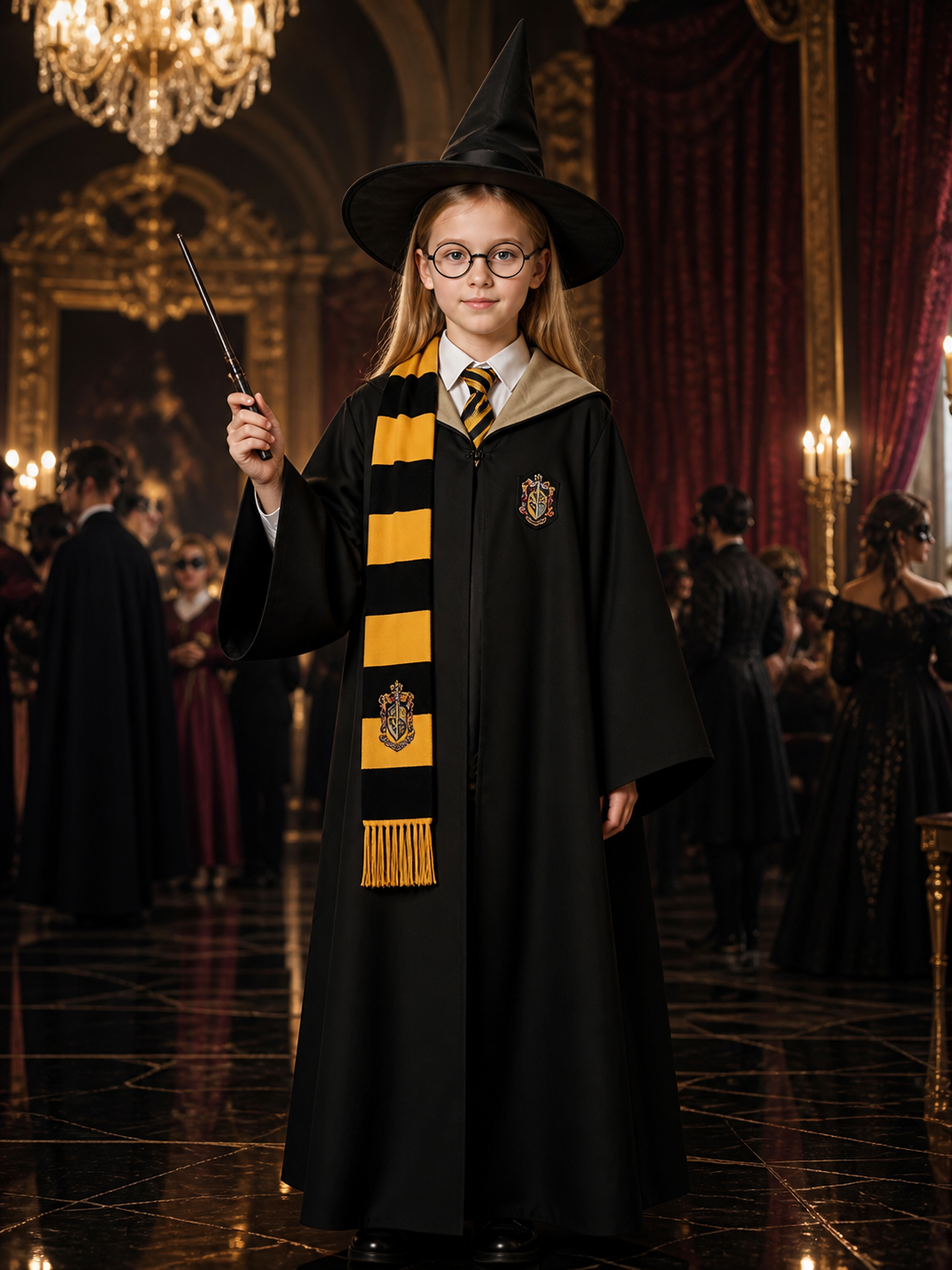 Black Wizard Costume Set With Hooded Robe, Hat, Scarf, Tie, Glasses And Wand Costume Headwear detail
