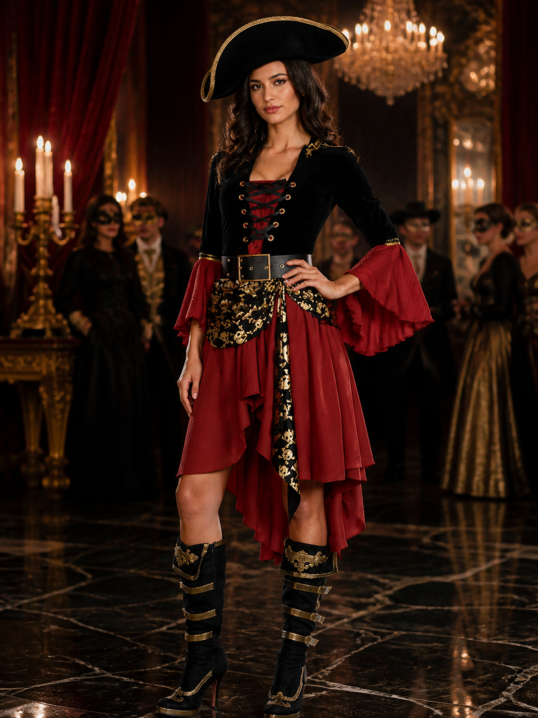 Women's Red and Black Pirate Halloween Costume Set, Lace-Up Top with Skull Print Costumes detail