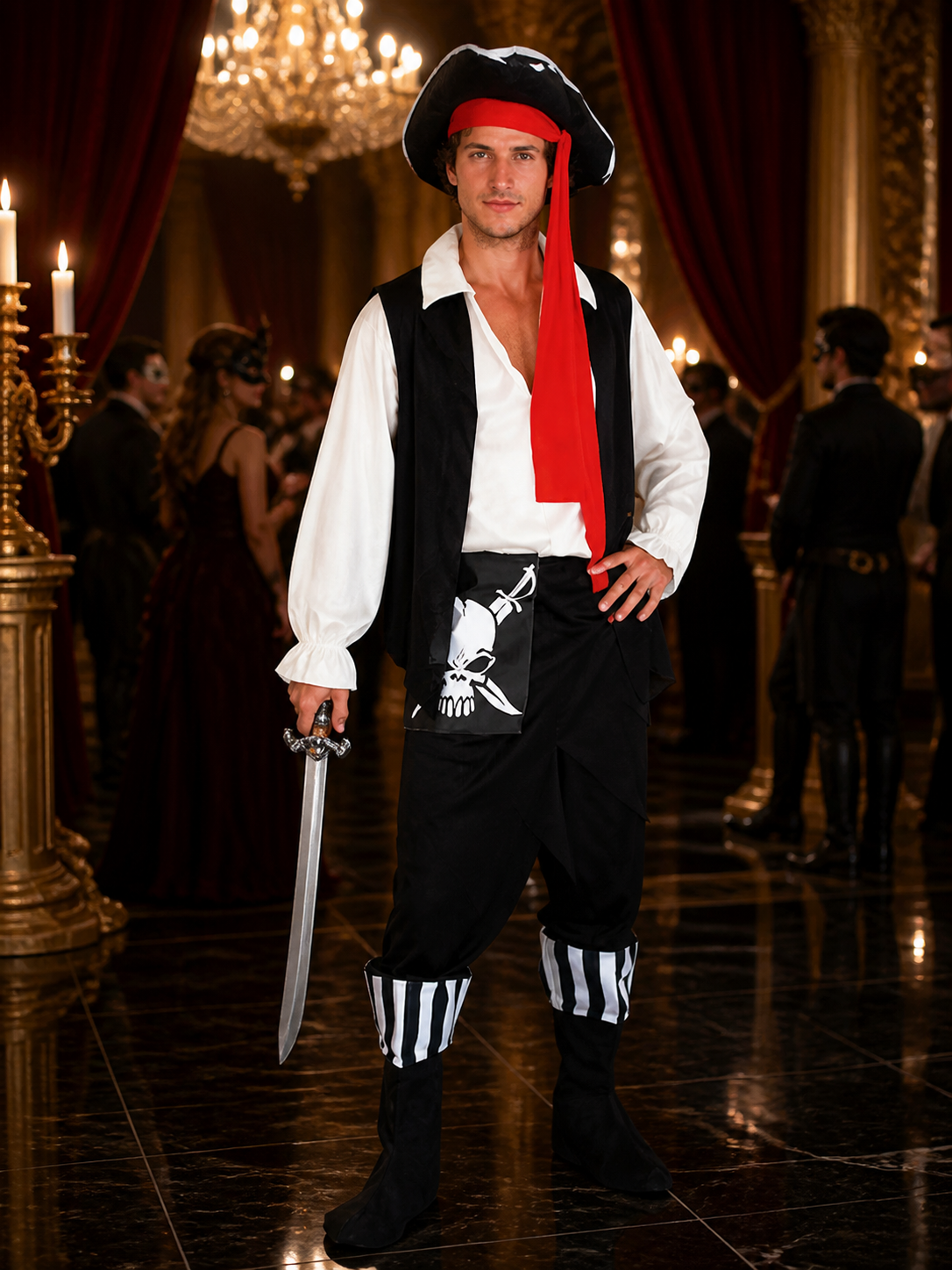 Pirate Costume with Tricorn Hat and Prop Sword for Cosplay