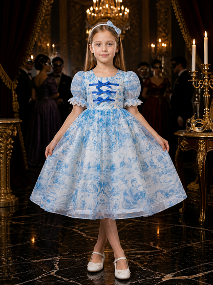Girls' Light Blue Floral Princess Dress with Lace Trim and Bow Headband Costume Dresses detail