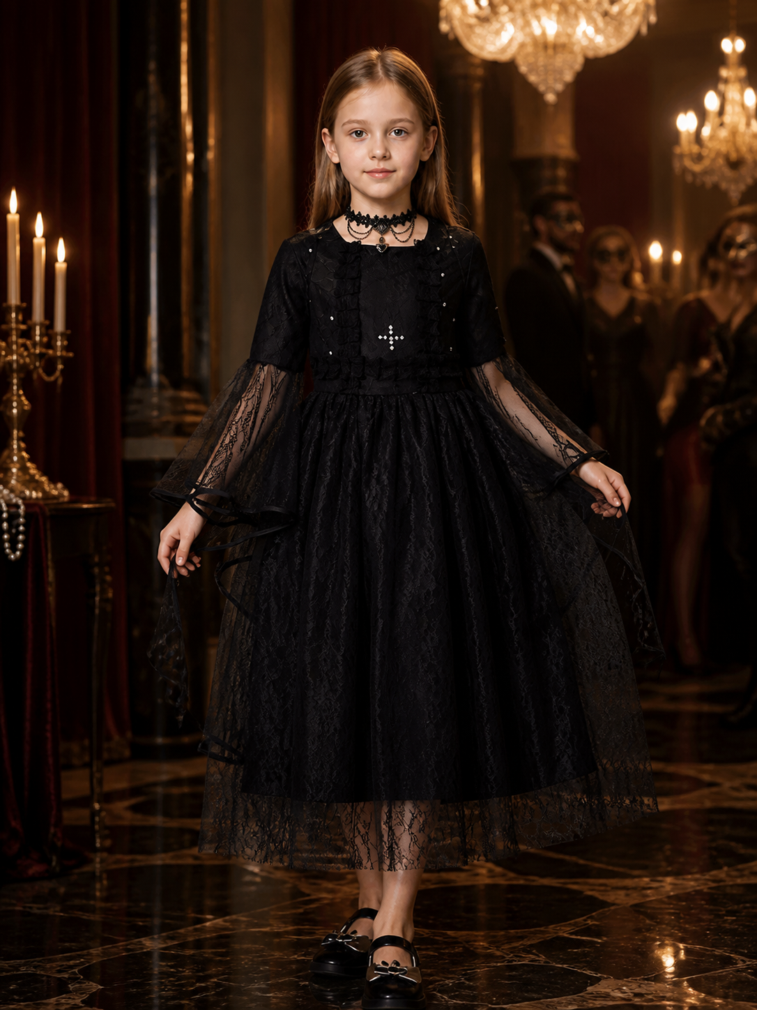 Kids Black Lace Angel Devil Witch Vampire Dress Costume with Sheer Sleeves and Costume Dresses detail
