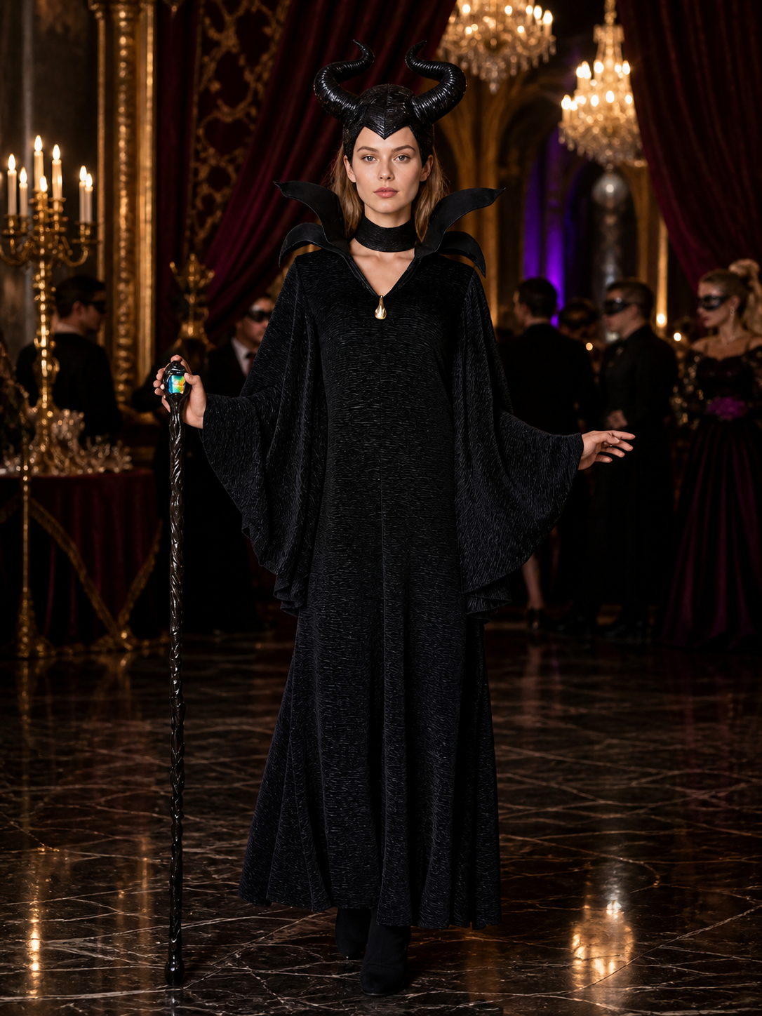 Maleficent-Inspired Halloween Costume, Black Hooded Robe With Bat-Wing Collar Costumes detail