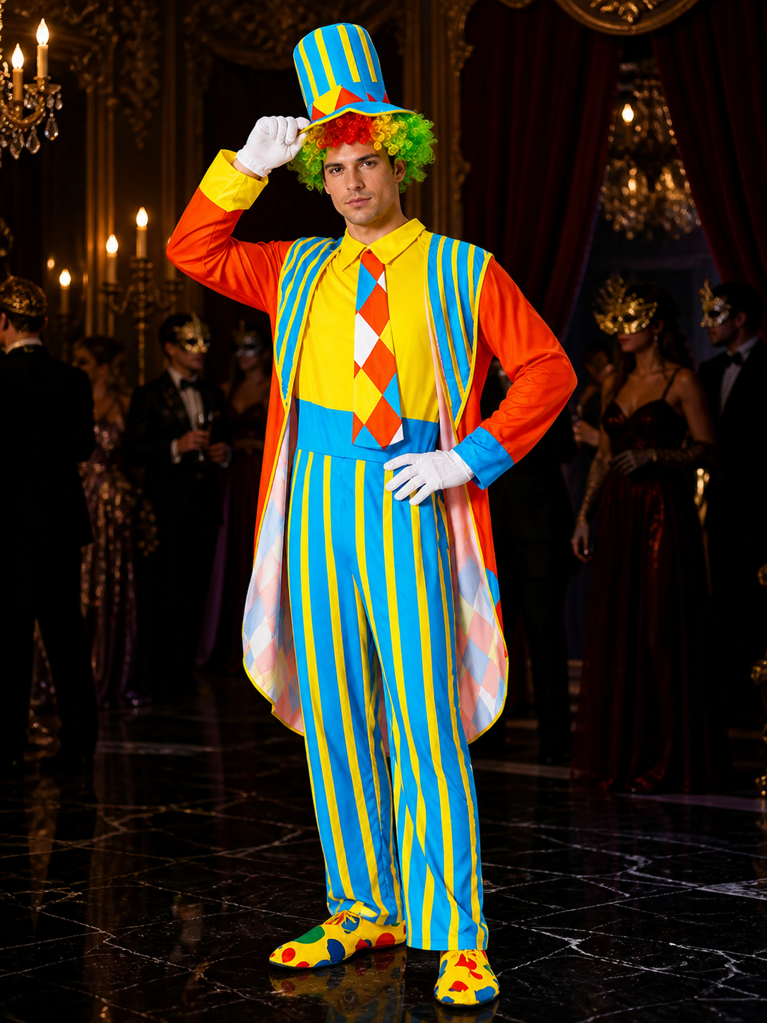 Unisex Adult Clown Jumpsuit Costume with Hat and Robe, Circus Halloween Outfit Costume Headwear detail