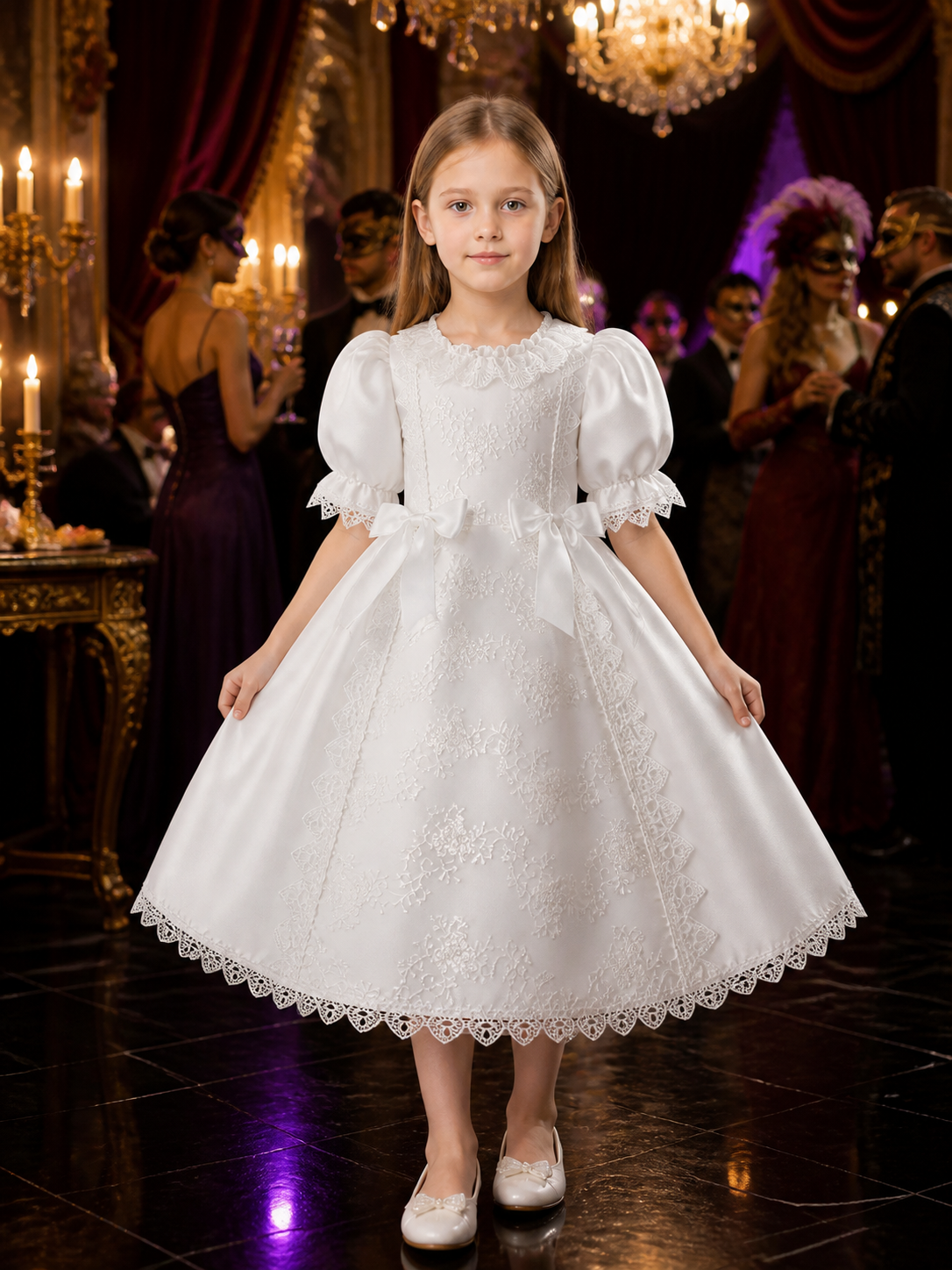 Baby Girls White Lace Princess Dress With Puff Sleeves And Bow Ribbons Costume Dresses detail
