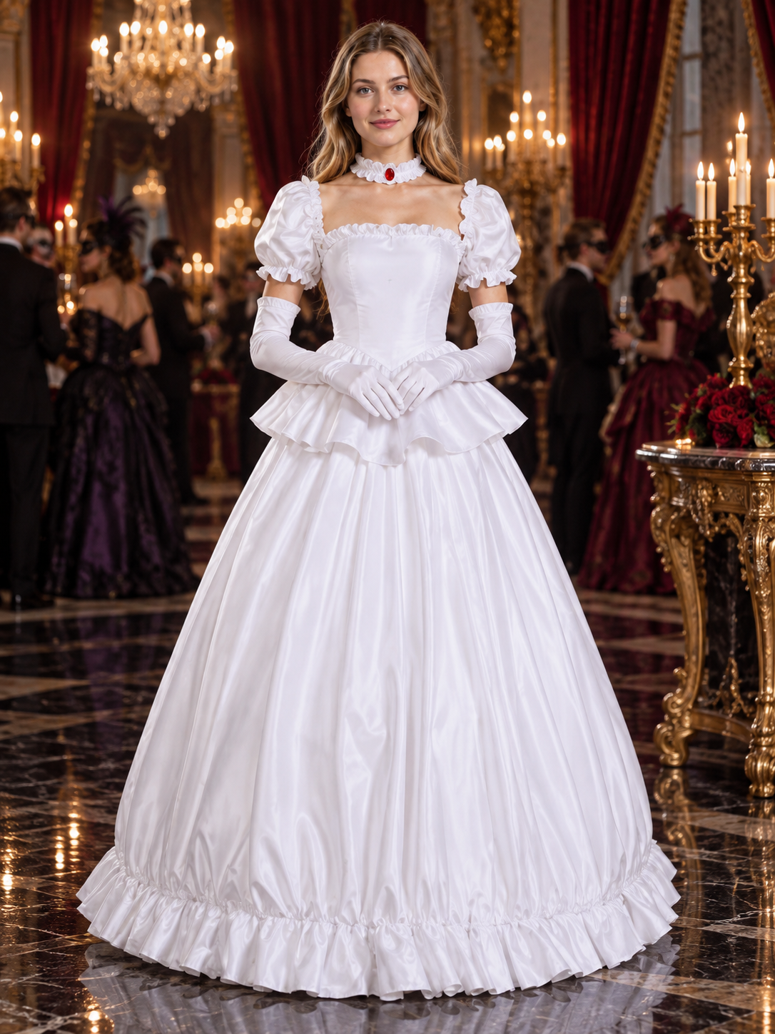 White Satin Cosplay Costume with Gloves and Choker