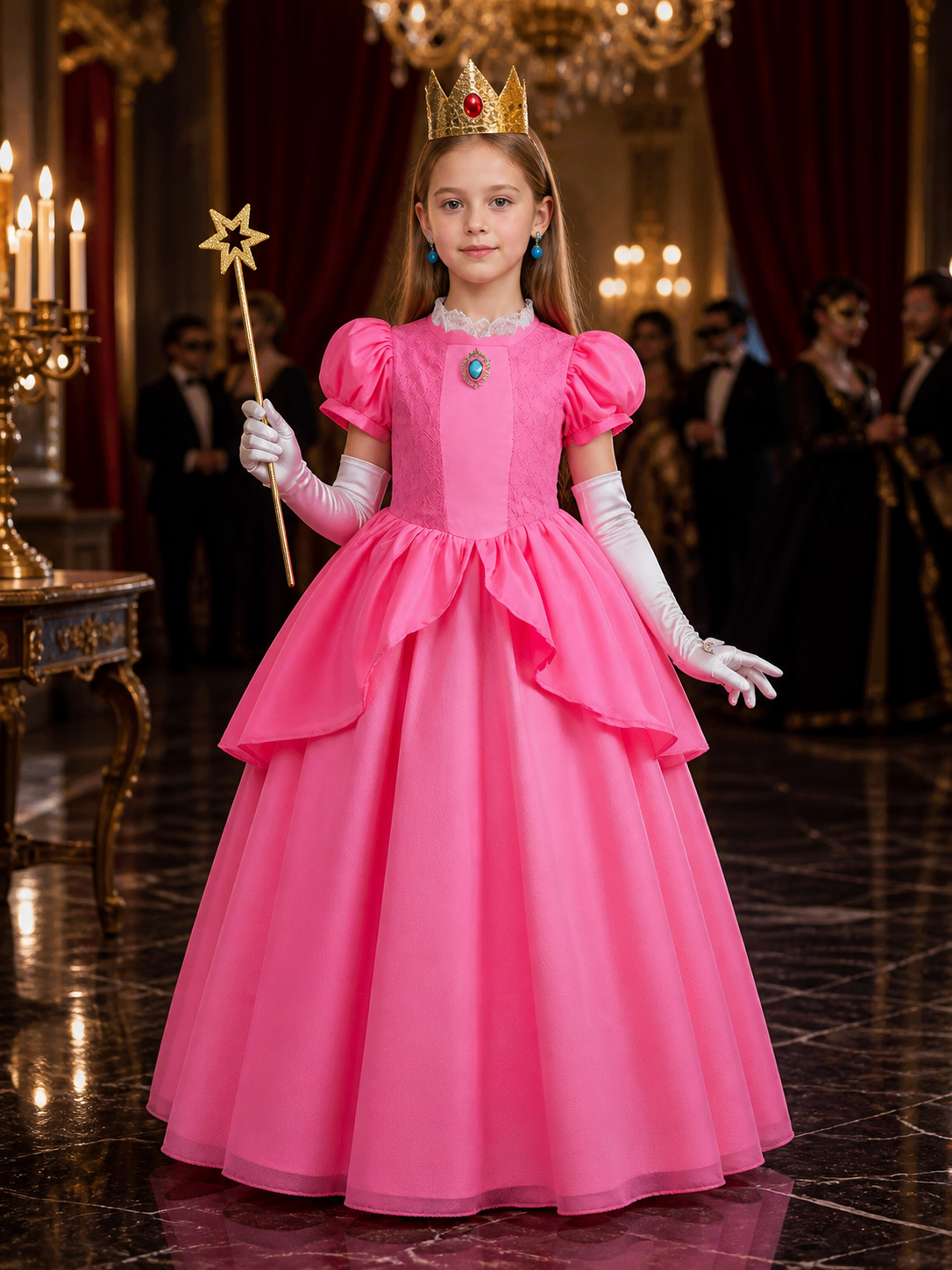 Girls Princess Peach Puffy Sleeve Costume Set with Crown and Wand for Halloween Costume Headwear detail