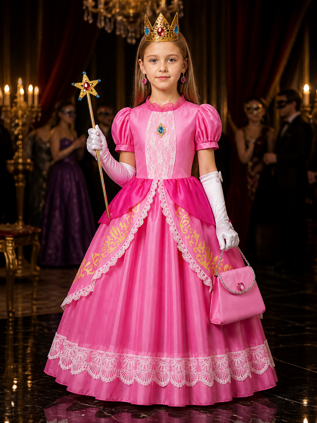 Girls' Princess Halloween Costume Dress Set with Crown, Wand and Handbag