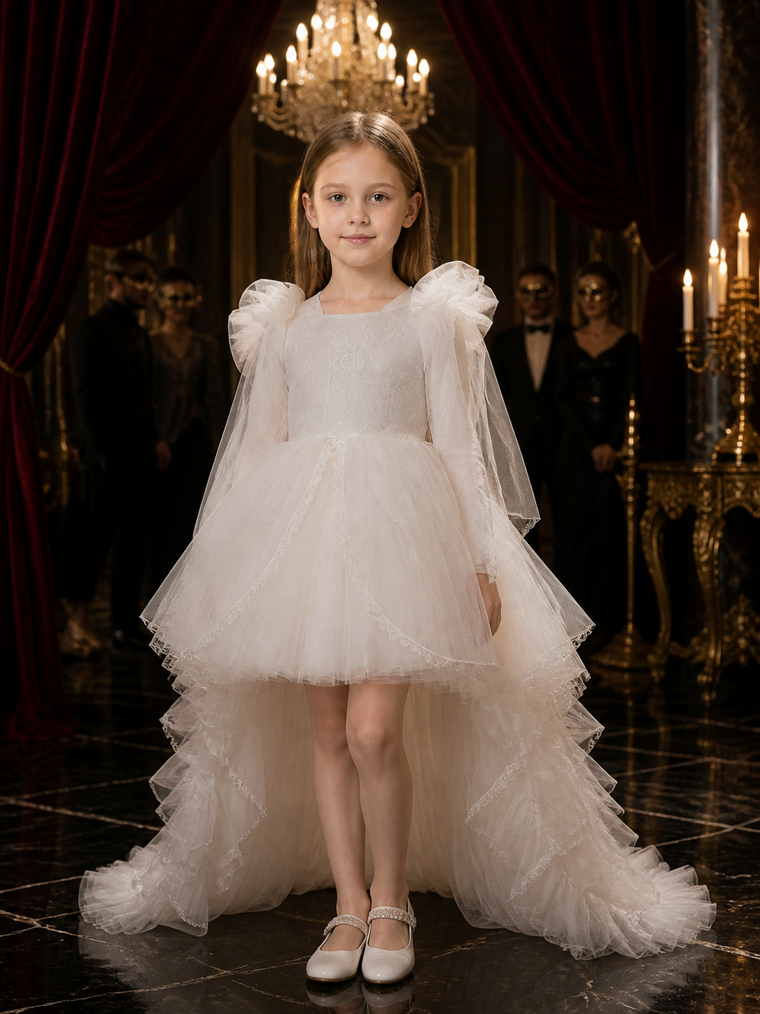 Toddler Girls' White Princess Dress with Lace Trim, Long Sleeves and Tiered Costume Dresses detail