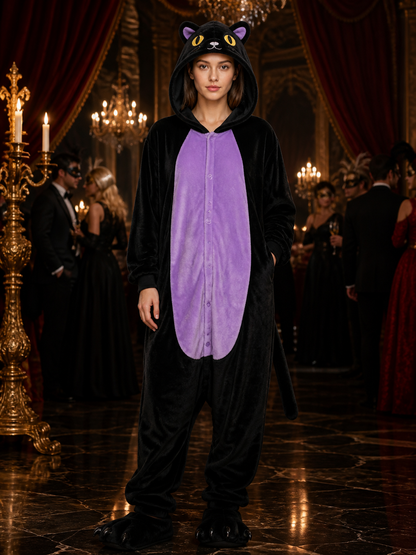 Midnight Cat Hooded Animal Onesie, Black and Purple Tail Costume Costumes detail