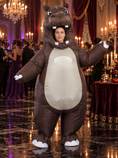 Inflatable hippo costume with white fangs and an open mouth