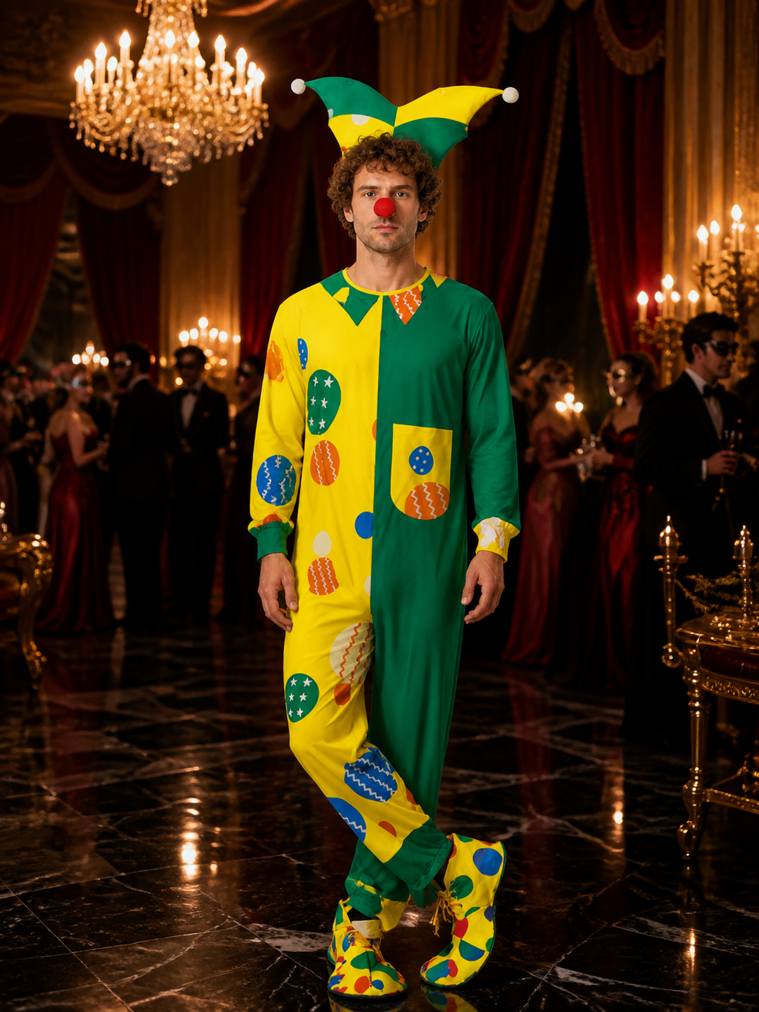 Unisex Adult Clown Bodysuit Costume with Multi-Pointed Hat, Yellow Green Split Costume Headwear detail