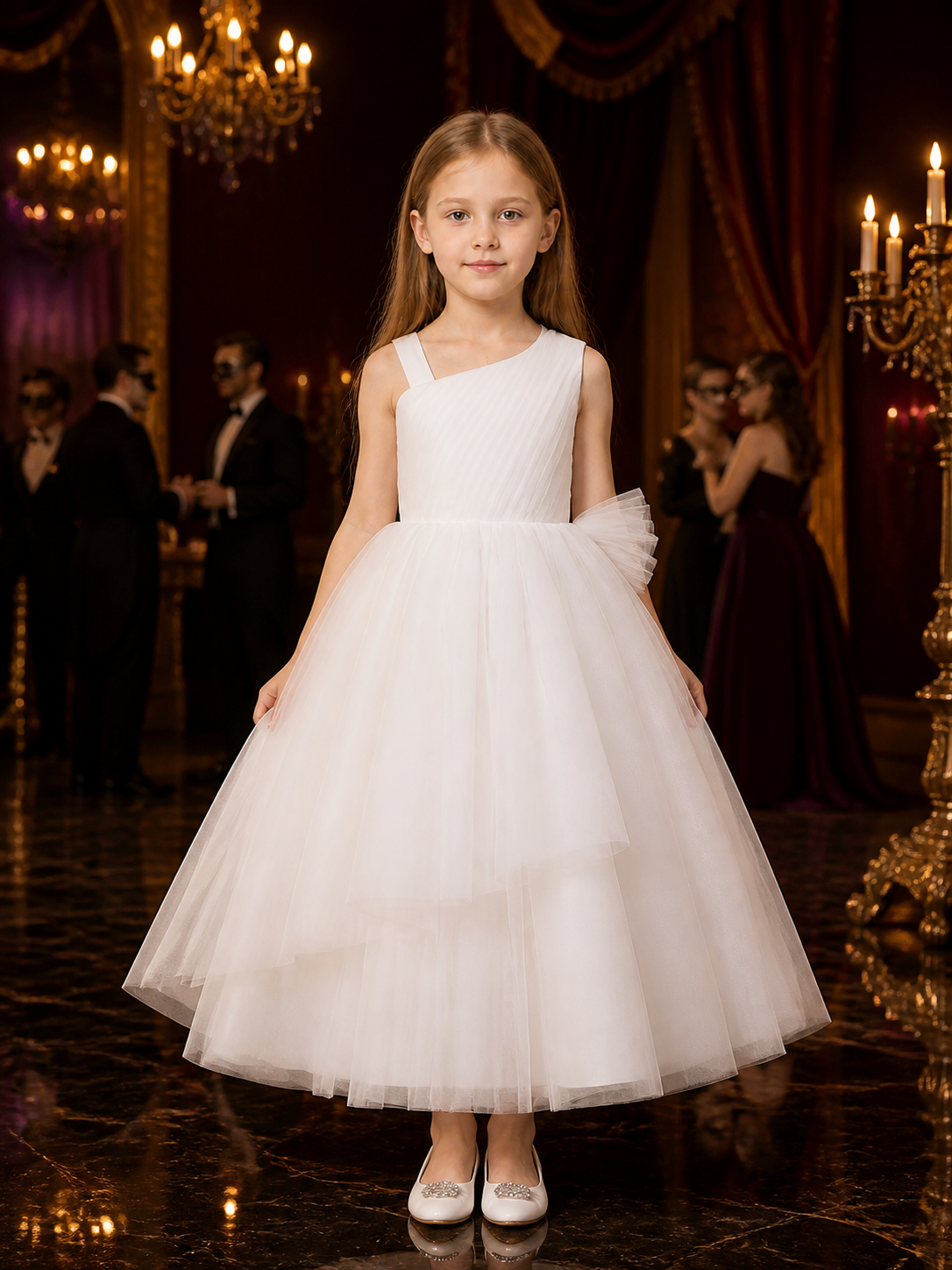 Girls' White One-Shoulder Tulle Princess Dress, Sleeveless Formal Gown Costume Dresses detail