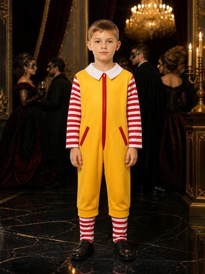 Yellow Clown Jumpsuit Costume, Red And White Striped Sleeves, Halloween Cosplay Costumes detail