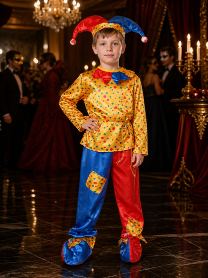 Boys' Clown Circus Costume Set With Polka Dots, Colorblock Pants And Hat Costume Headwear detail