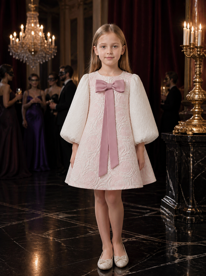 Girls' White Princess Dress with Pink Bow, Long Sleeve Rose Textured Toddler Costume Dresses detail