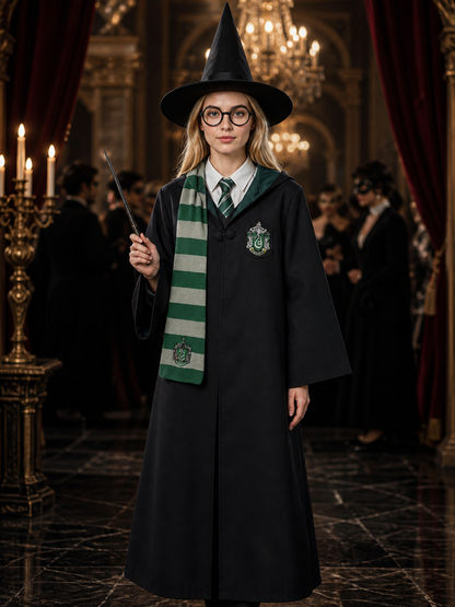 Black and Green Wizard Costume Set with Robe, Hat, Glasses, Wand, Scarf, Shirt Costume Headwear detail
