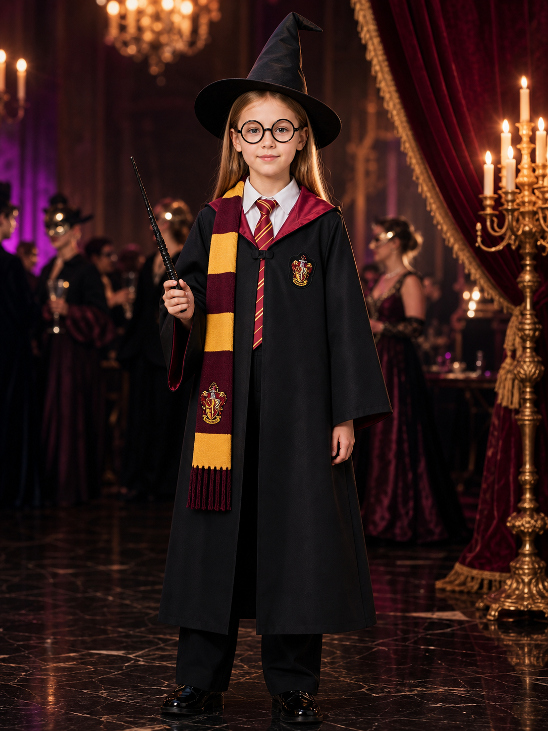 Wizard Costume Set with Hooded Robe, Scarf, Tie, Hat, Wand and Round Glasses