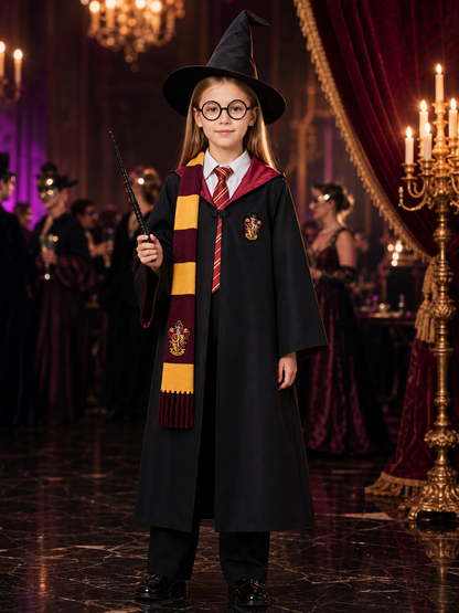 Wizard Costume Set with Hooded Robe, Scarf, Tie, Hat, Wand and Round Glasses