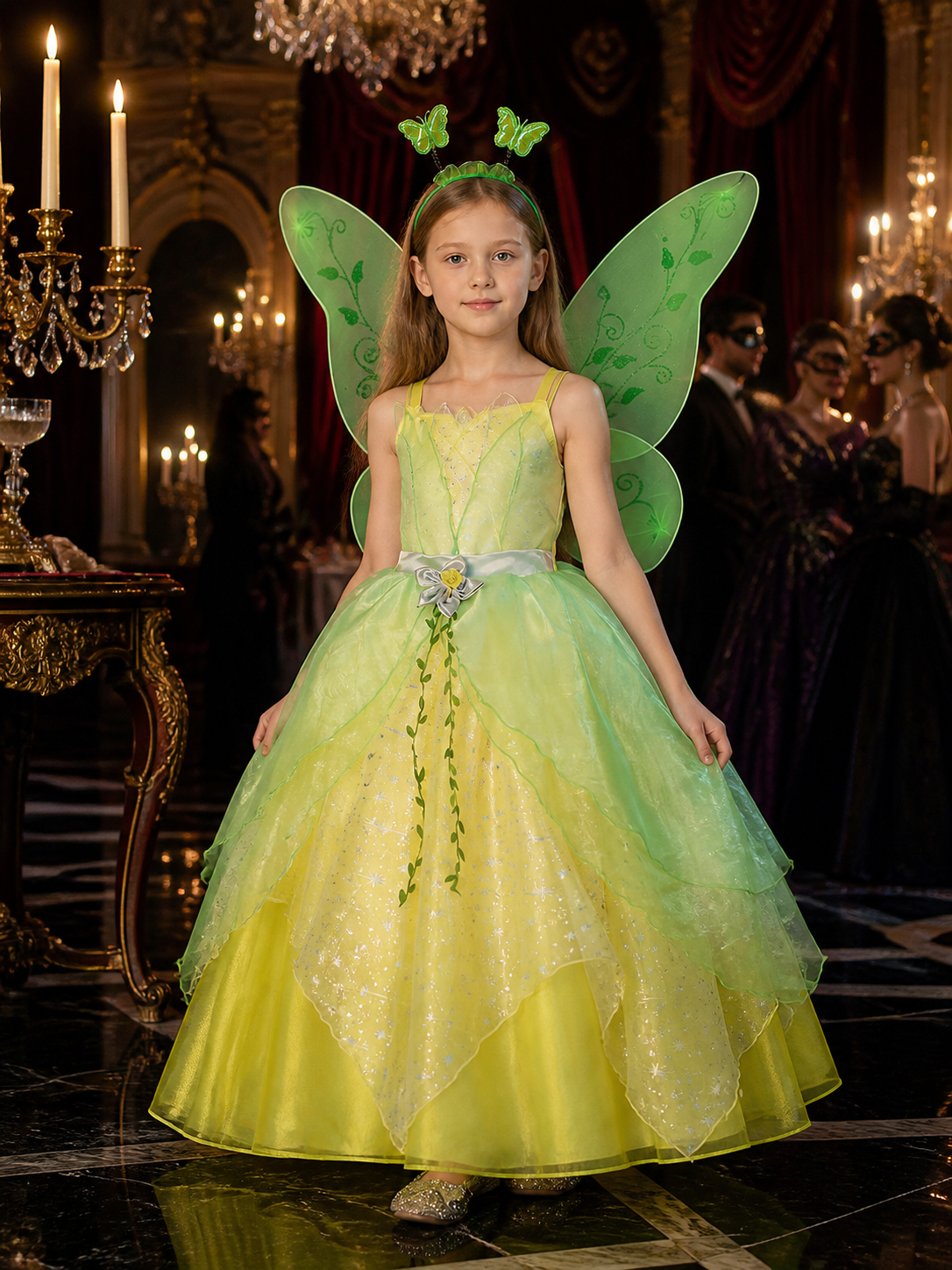 Girls' Princess Dress Costume with Butterfly Wings, Green & Yellow Star and Vine