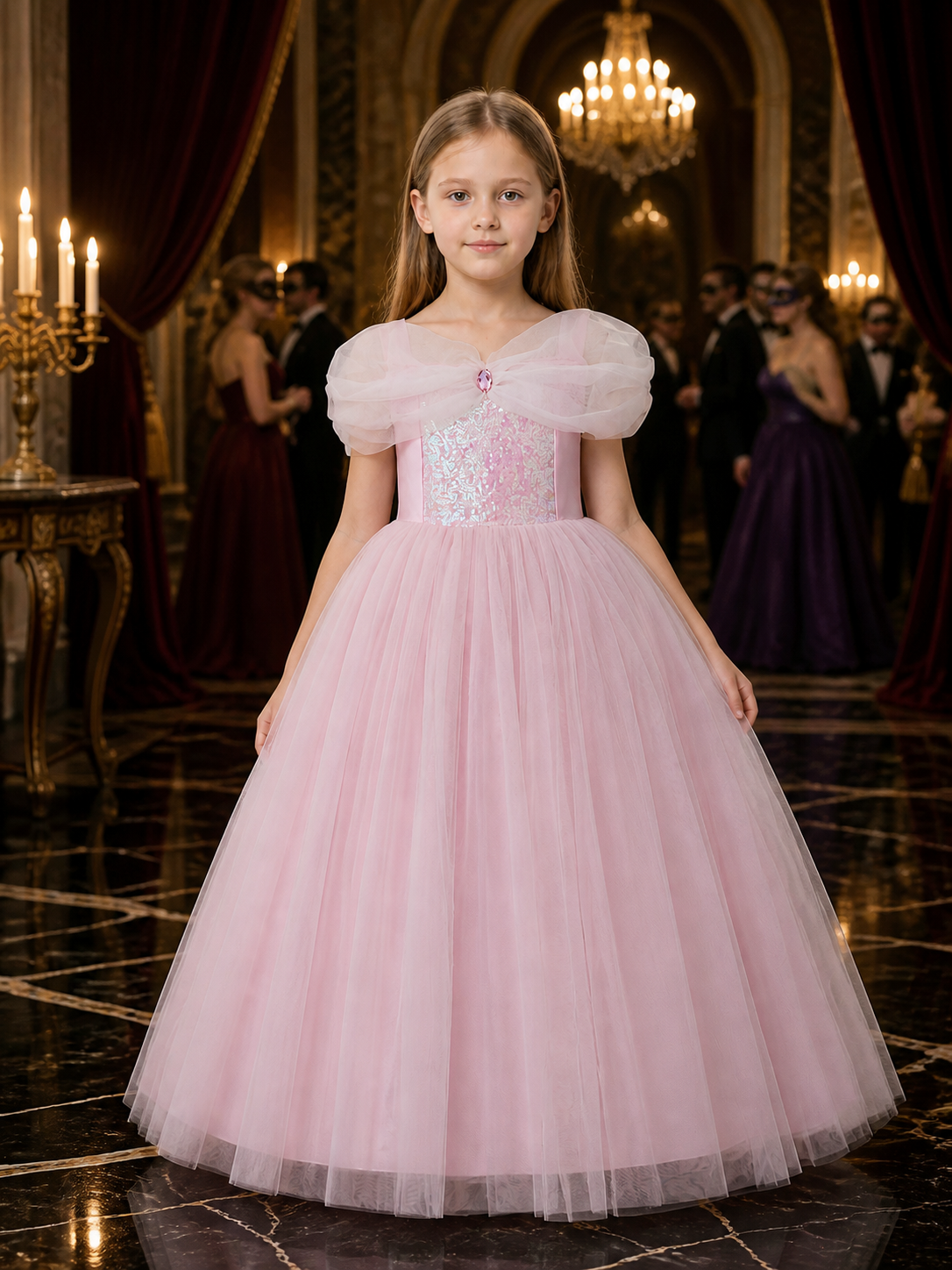 Girls' Pink Princess Costume Dress, Sequined Off-Shoulder Layered Tulle Gown Costume Dresses detail