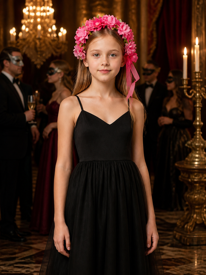 Pink Flower Wreath Headpiece with Green Leaves and Ribbon Costume Headwear detail