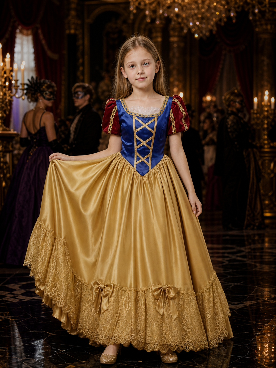 Girls Snow White Costume Dress, Blue Bodice with Gold Lacing, Red Puff Sleeves Costume Dresses detail